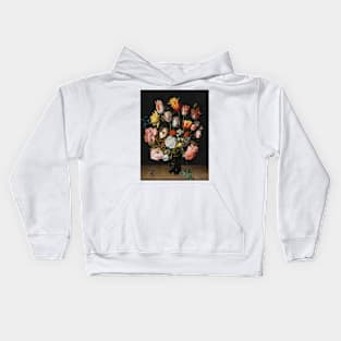 A still life of tulips, roses, bluebells, daffodils, a peony and other flowers in a glass roemer on a wooden ledge with a dragonfly by Jacob van Hulsdonck Kids Hoodie